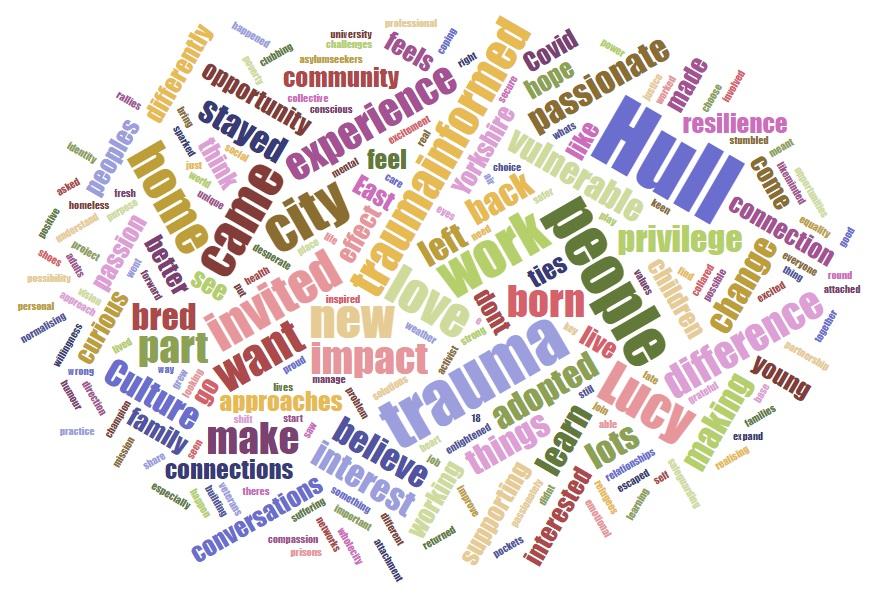 Multicoloured word cloud with words relating to Trauma Informed